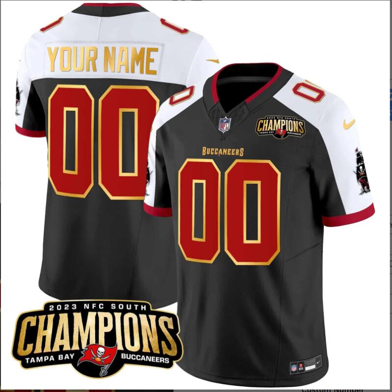 Men 2024 Nike NFL Tampa Bay Buccaneers 2023 NFC South Champions Patch Gold Trim Vapor Custom Jersey